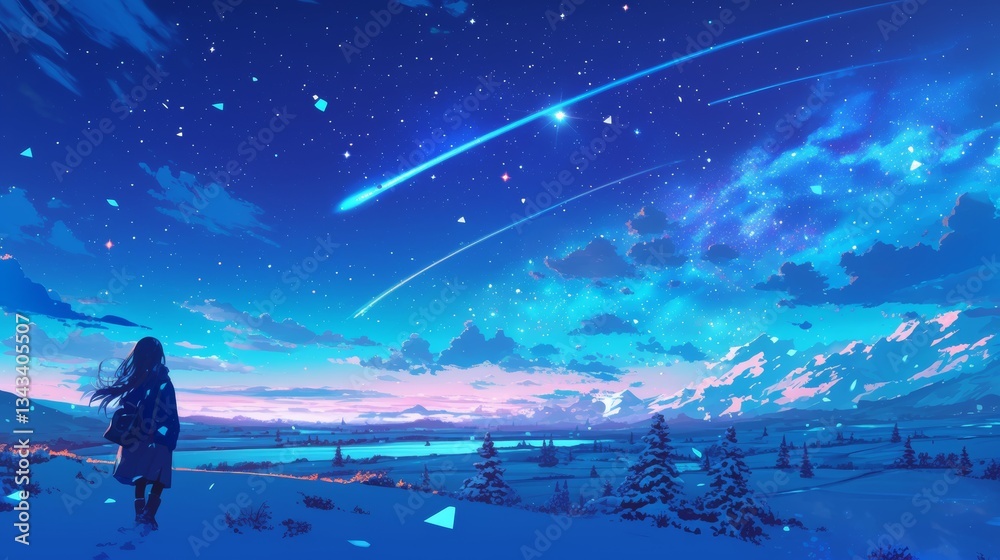 Obraz premium winter starry night with little girl anime wallpaper background 