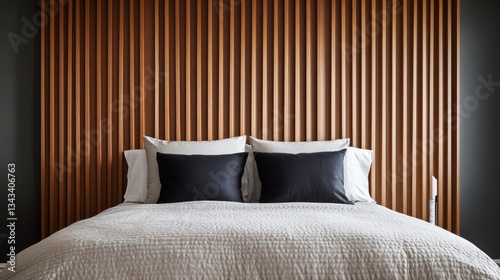 A wall-spanning headboard made from vertical wooden slats, extending beyond the width of the bed for a dramatic and unified look
