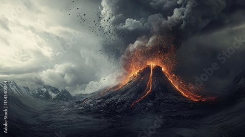 Volcano shows duality of eruption and dormancy while surrounded by dramatic landscape and turbulent skies