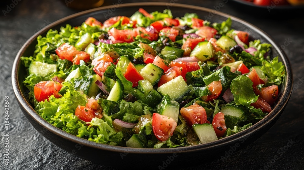 A colorful mosaic of crisp lettuce, vibrant tomatoes, and crunchy cucumber, seasoned with a light vinaigrette, offering a healthy and refreshing delight. A colorful mosaic of crisp lettuce, vibrant tomatoes, and crunchy cucumber, seasoned with a light vinaigrette, offering a healthy and refreshing delight.