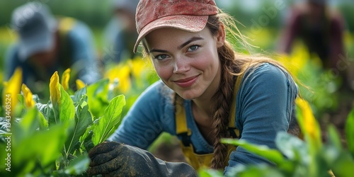 farmer supervising a sustainable agricultural project, surrounded by other workers planting crops, with open fields and space on the right for branding
