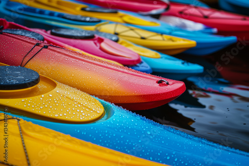 Colorful kayaks with water droplets on the surface, docked together