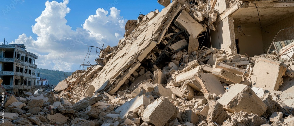 Fototapeta premium Devastation Aftermath Concrete Ruins Urban Landscape with Building Amidst Destruction and Chaos