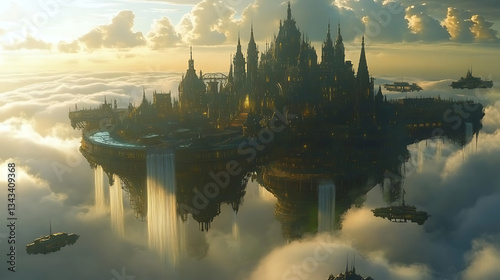 Fantasy floating city above the clouds with waterfalls