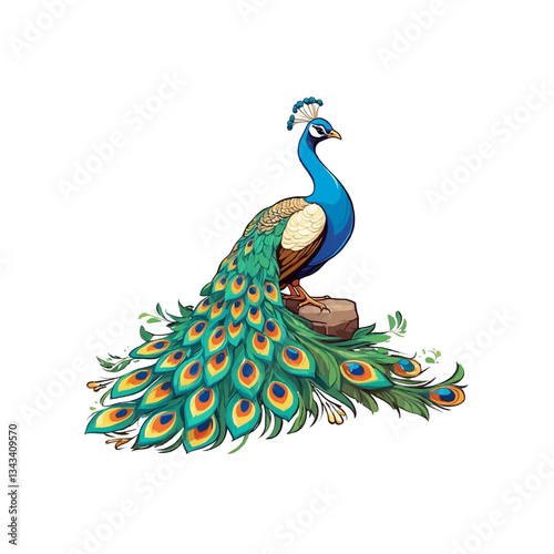 Clip Art illustration of a Colorful peacock standing proudly on a rock surrounded by lush plants in a vibrant scene