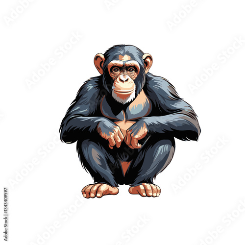 Clip Art Illustration of a Chimpanzee sitting calmly in a natural habitat showcasing expressive features in a vivid illustration style