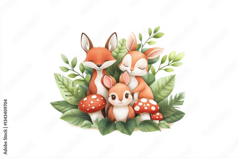 Fototapeta premium Adorable Woodland Animals Surrounded by Green Leaves and Colorful Mushrooms in a Nature Concept