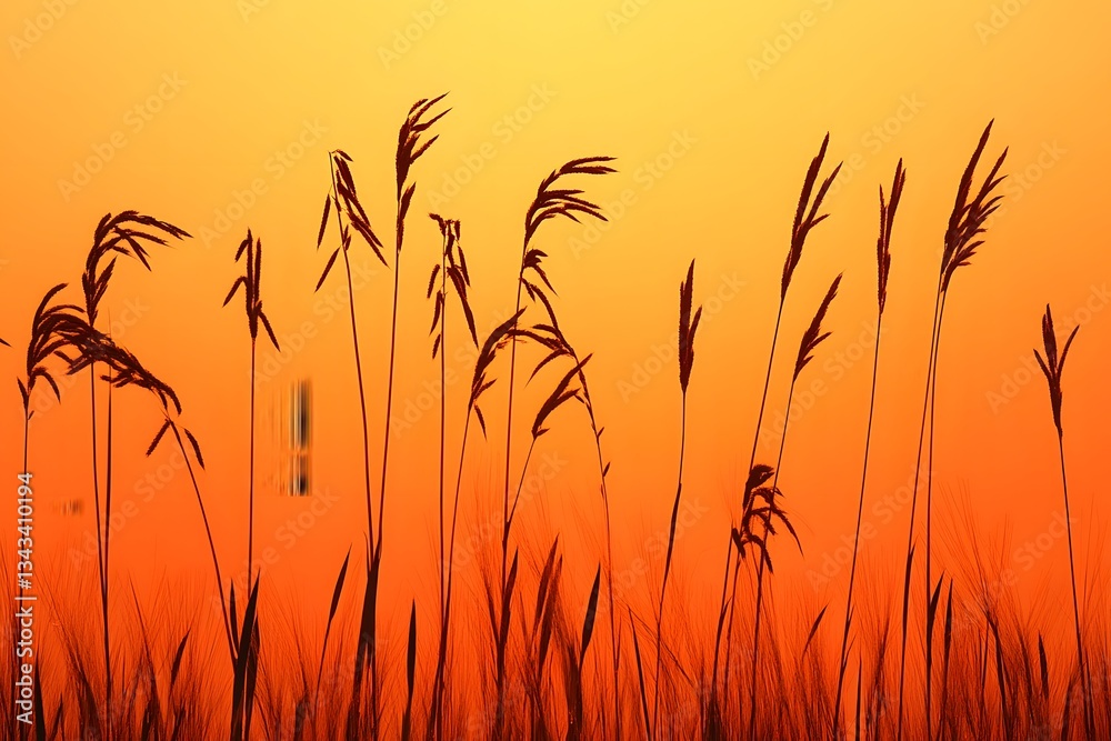 Fototapeta premium Sunset Grass Silhouettes Orange Sky Nature Background