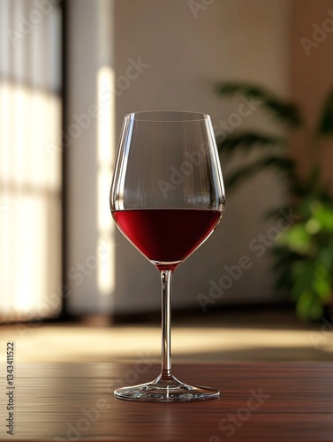 A glass of red wine shimmers on a polished wooden table, reflecting deep hues and sparkling highlights under gentle lighting, enhancing its elegance.