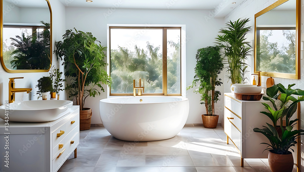 Fototapeta premium A sleek, minimalist bathroom with a modern design, blending white surfaces with warm wood accents. The clean lines and bright light create a sense of spaciousness and serenity