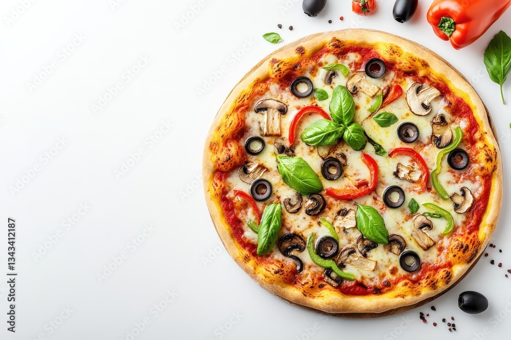 A delicious pizza with one slice taken out of it on a white background A delicious pizza with one slice taken out of it on a white background