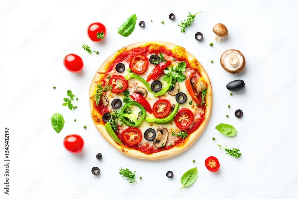 A delicious pizza with one slice taken out of it on a white background A delicious pizza with one slice taken out of it on a white background
