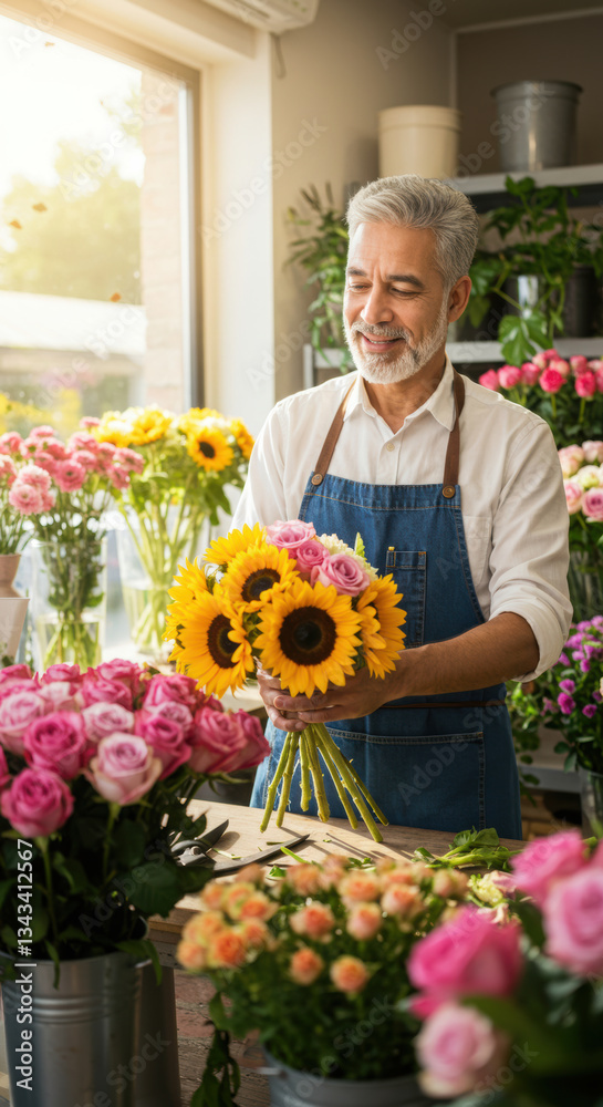 Experienced florist arranging a bouquet of sunflowers and chrysanthemums in a bright flower shop. Sustainable floristry, artisanal craftsmanship, creative entrepreneurship.. Experienced florist arranging a bouquet of sunflowers and chrysanthemums in a bright flower shop. Sustainable floristry, artisanal craftsmanship, creative entrepreneurship..