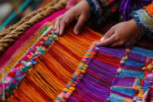Hands of Artisan Creating Colorful Textile with Traditional Weaving Techniques in Vibrant Colors and Patterns