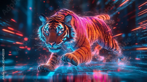 Futuristic neon tiger running through a digital world