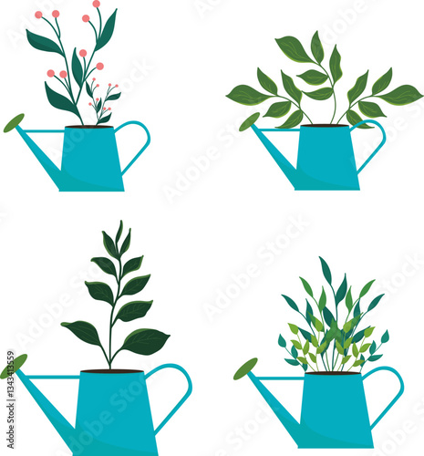 Beautiful green plants planted in garden watering cans. Vector illustration.