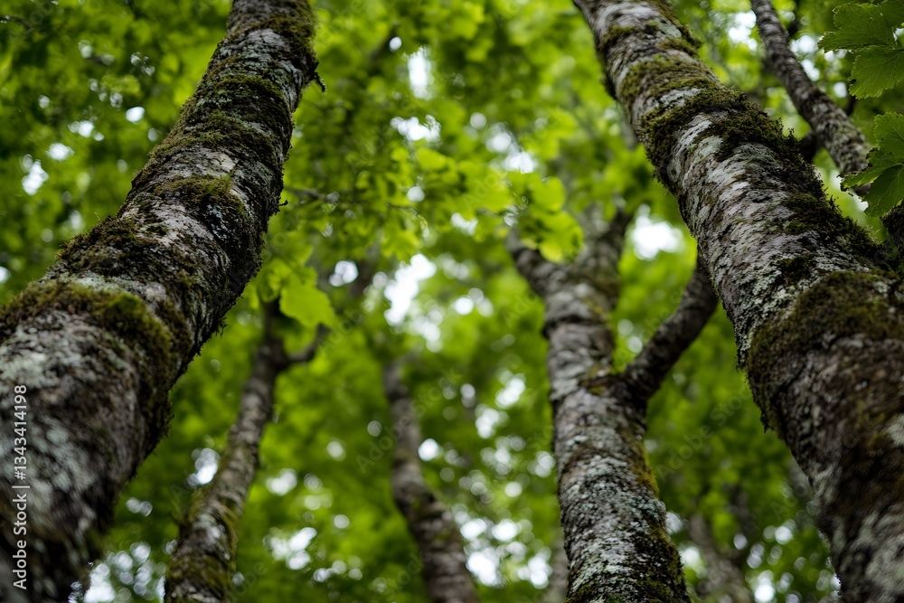Fototapeta premium Lush Green Forest Mossy Tree Trunks Canopy Nature