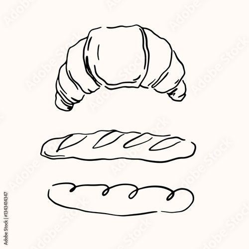 Baguette and croissant line drawing. Hand drawn vector art icon.