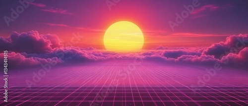 Vibrant sunset over a grid landscape with colorful clouds