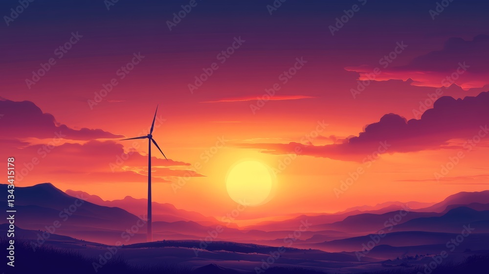 Obraz premium Silhouetted wind turbine against a colorful sunset symbolizing renewable energy and sustainability