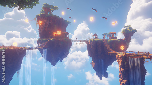 Magical floating island paradise with waterfalls and ruins.