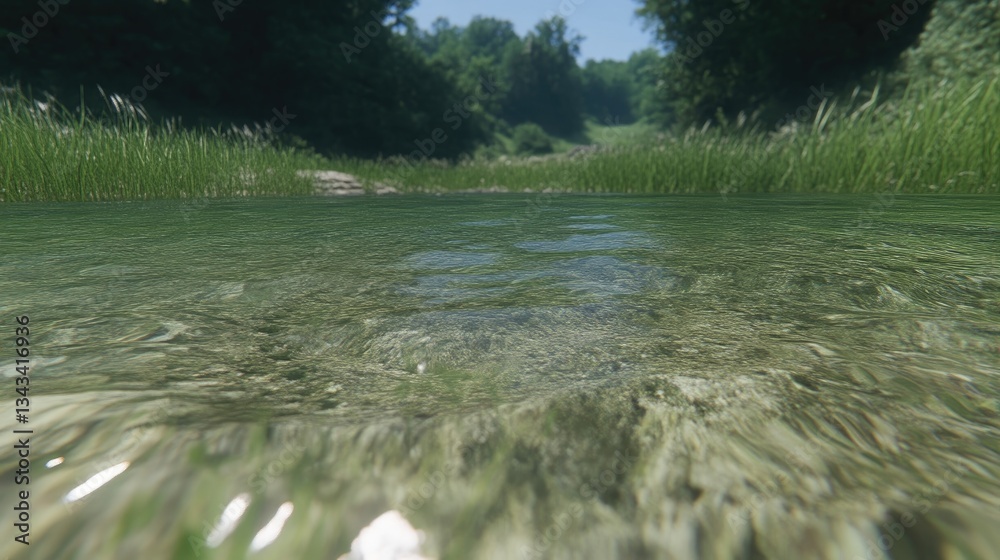 Naklejka premium Crystal-clear shallow stream flowing through a grassy woodland. Tranquil, serene natural scene