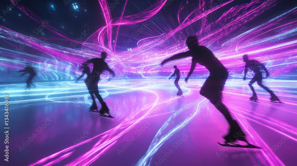 Silhouetted ice skaters glide on a neon-lit rink, creating dynamic streaks of light. Silhouetted ice skaters glide on a neon-lit rink, creating dynamic streaks of light.