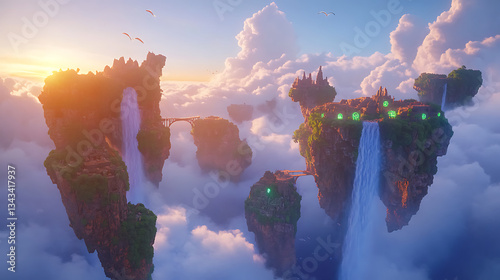 Magical floating island paradise with waterfalls and ruins.