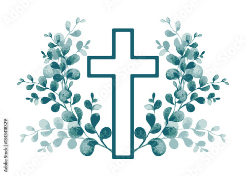 Eucalyptus botanical watercolor greenery and Cross. Baptism Invitation. Easter Cross. Christening. Holy Spirit. Religious. Baptism Christening Invitation