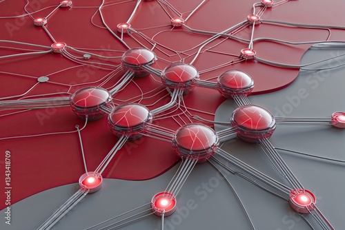 Futuristic Smart Nexus on Red and Gray Canvas with Interwoven Paths Symbolizing Complex Connectivity System