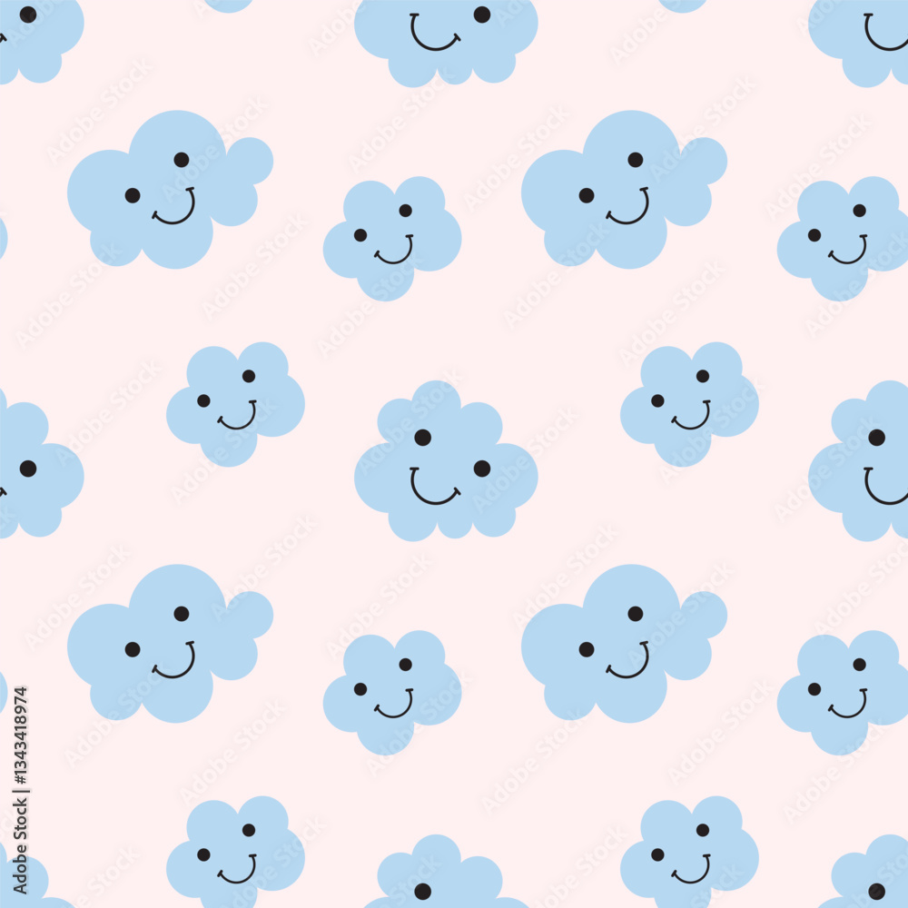 Seamless pattern of cute clouds with a smile. Hand-drawn funny background with clouds, texture. Seamless pattern of cute clouds with a smile. Hand-drawn funny background with clouds, texture.