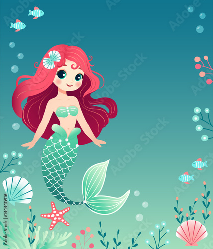 Mermaid's birthday party template. Cute mermaid in the ocean. Marine vector illustration