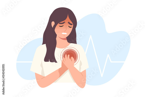 Woman raises her hand to hold her chest. Concept of heart attack, heartache, chest pain, danger and sickness, symptom of heart disease, health and medicine. Flat vector illustration character.