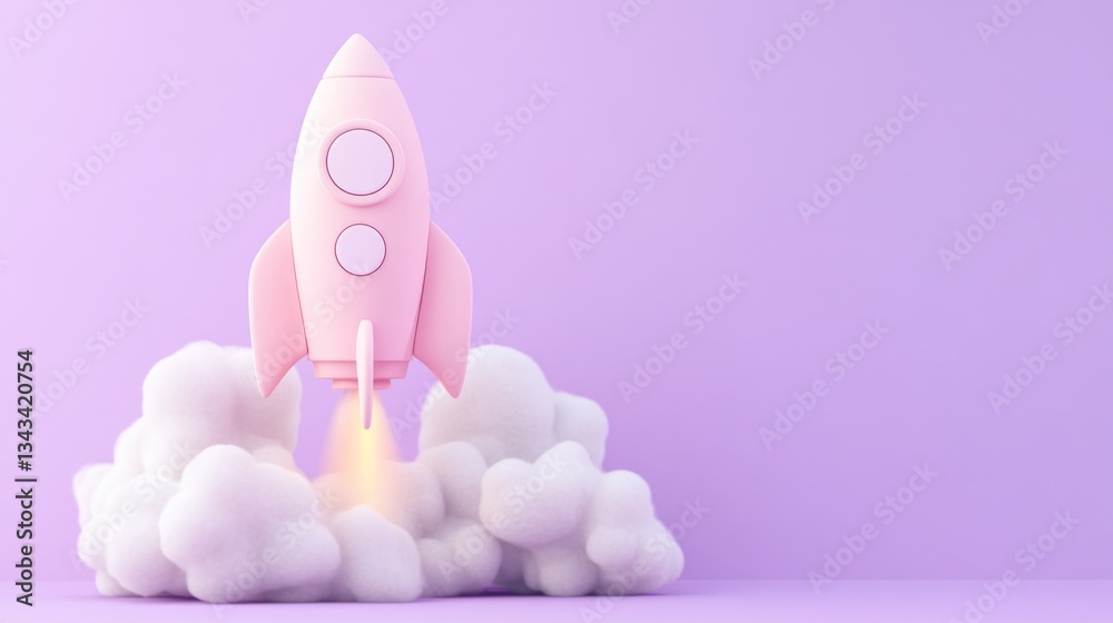 A pink rocket launching amidst fluffy white cloud formations in space