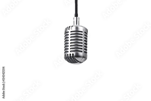 A vintage silver microphone, suspended in mid-air, showcasing its retro grille design. Its reflective surface and classic form evoke nostalgia, isolated on a transparent background