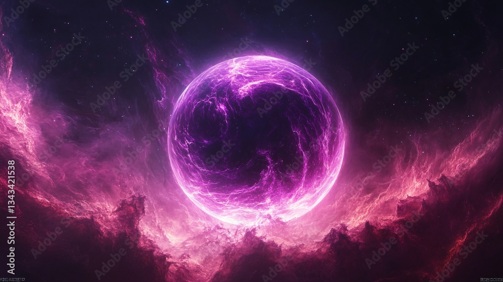 Obraz premium A neon planet orbiting in a galaxy of electric waves