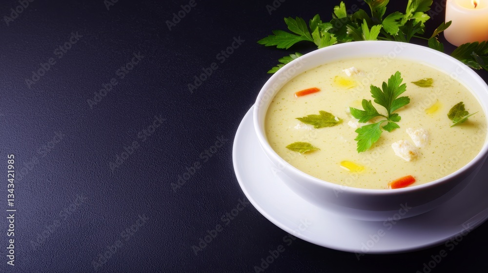Elegant silky soup blend served in fine china with a flickering candle light creating a cozy ambiance for dinner Elegant silky soup blend served in fine china with a flickering candle light creating a cozy ambiance for dinner