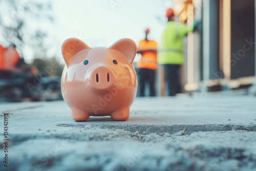 Focused Piggy Bank on Construction Site with Workers and Tools in Background
