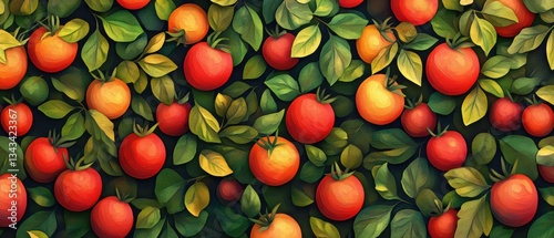 Bright Citrus Fruit Pattern with Green Leaves in Vibrant Shades on a Dark Background
