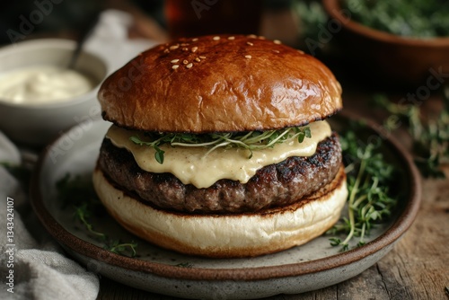 Delicious Gourmet Burger with Fresh Herbs and Creamy Sauce on a Rustic Plate