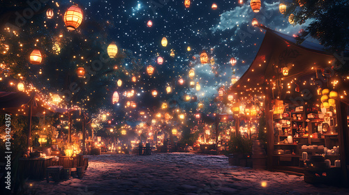 Mystical fantasy night market with glowing lanterns.