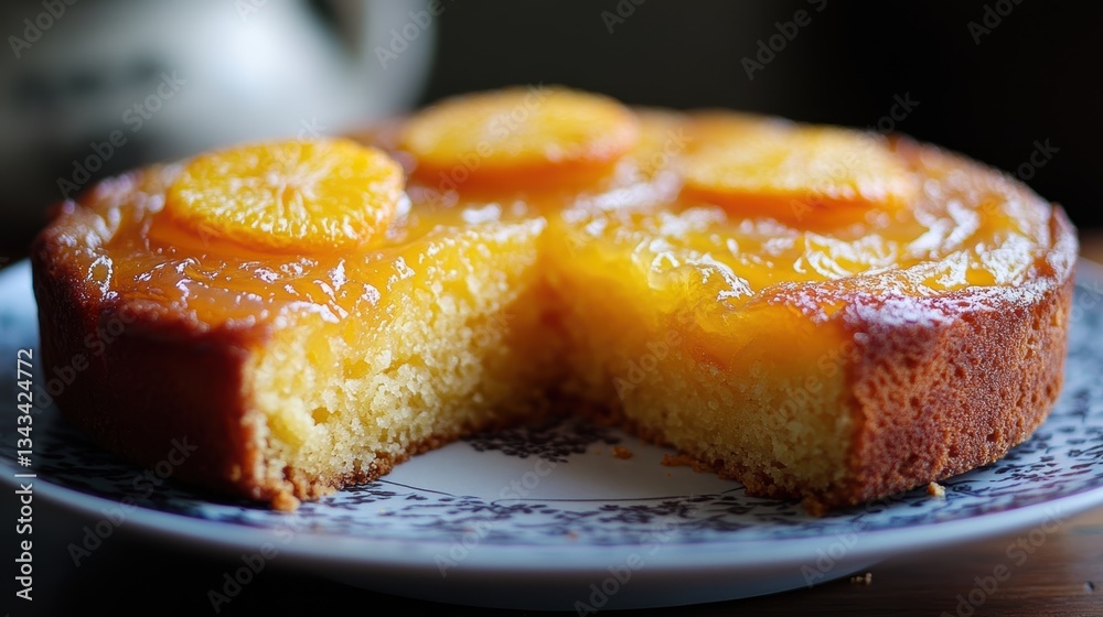 A whimsical upside-down cake, its vibrant orange hue peeking through a crack in the surface, revealing its moist and flavorful interior, promising a taste of sunshine and delight. A whimsical upside-down cake, its vibrant orange hue peeking through a crack in the surface, revealing its moist and flavorful interior, promising a taste of sunshine and delight.