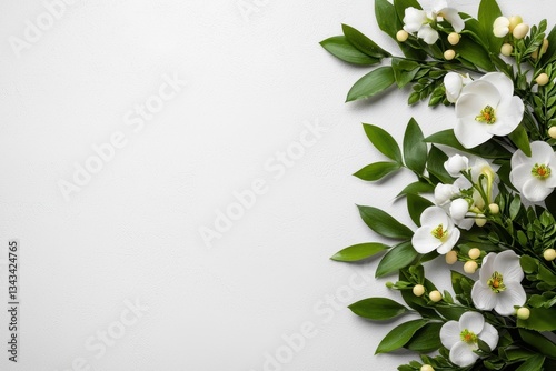 Elegant arrangement of white flowers and green leaves on a clean surface for backdrop or decoration in various settings , copy space