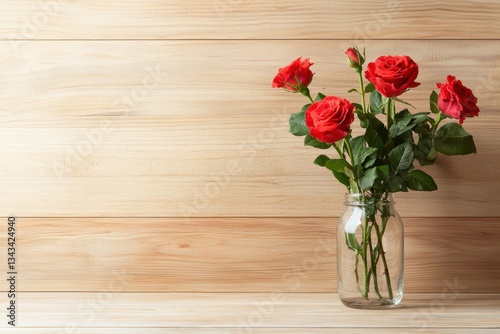 Fresh Red Roses in Clear Glass Jar on Wooden Background for Decorative and Floral Design Purposes , copy space