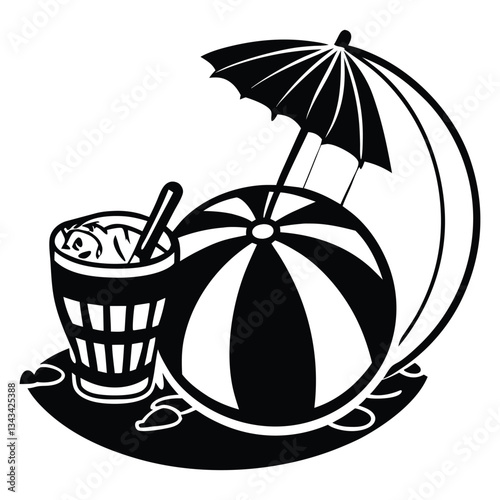 Coconut cocktail with balloon beach, beach ball icon vector design template