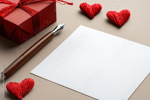 Elegant Gift Box with Red Ribbon and Heart Decorations Next to Blank Letter Paper and Fountain Pen , copy space
