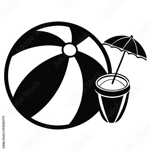 Coconut cocktail with balloon beach, beach ball icon vector design template