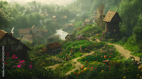 A charming fantasy village with magical farming and lush landscapes.