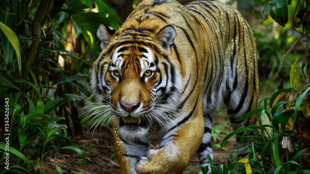 Obraz premium Majestic Glitter Tiger Stalking Through Sunlit Jungle