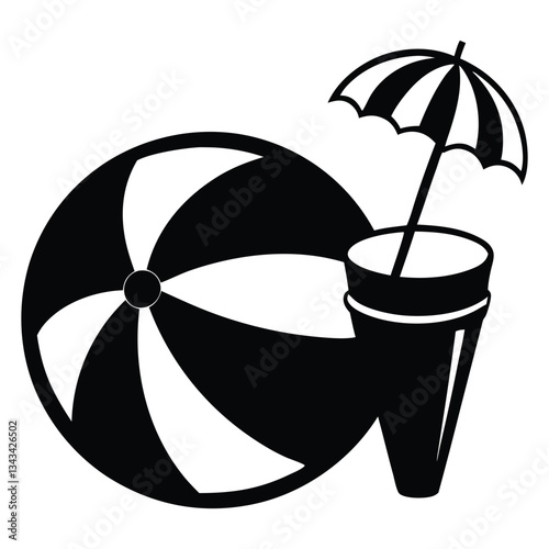 Coconut cocktail with balloon beach, beach ball icon vector design template